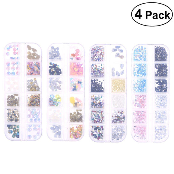 4pcs 12 Grids Nail Art Rhinestones Set Fake Nail Pearls Nail Sequins